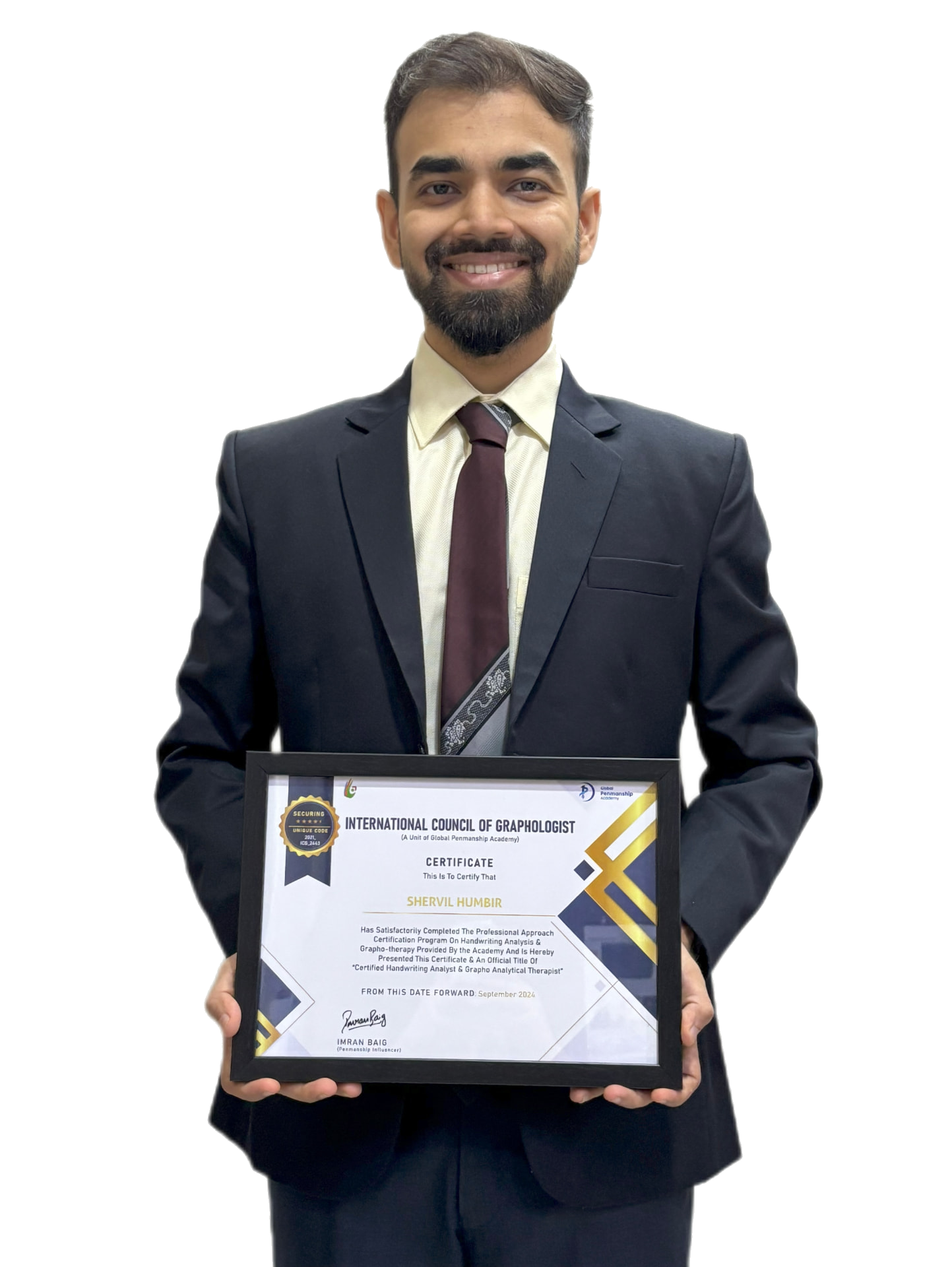 Shervil Humbir holding his Certified Handwriting Analyst and Grapho-Analytical Therapist certificate