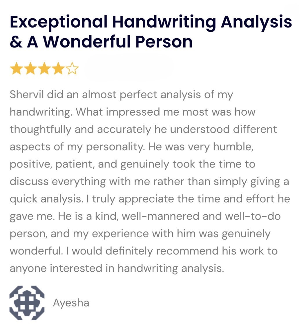 Ayesha’s original Handwriting Analysis testimonial, part 1