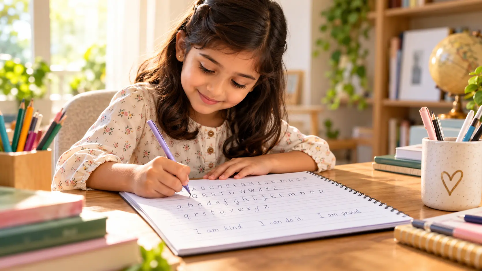 Illustrative child practising penmanship in a notebook