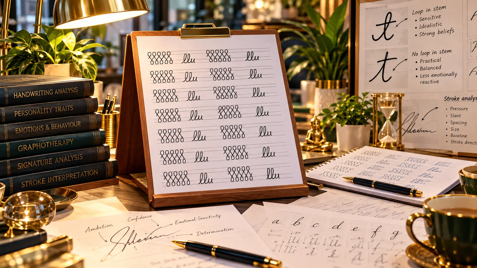 Illustrative graphology and graphotherapy desk with handwriting exercises